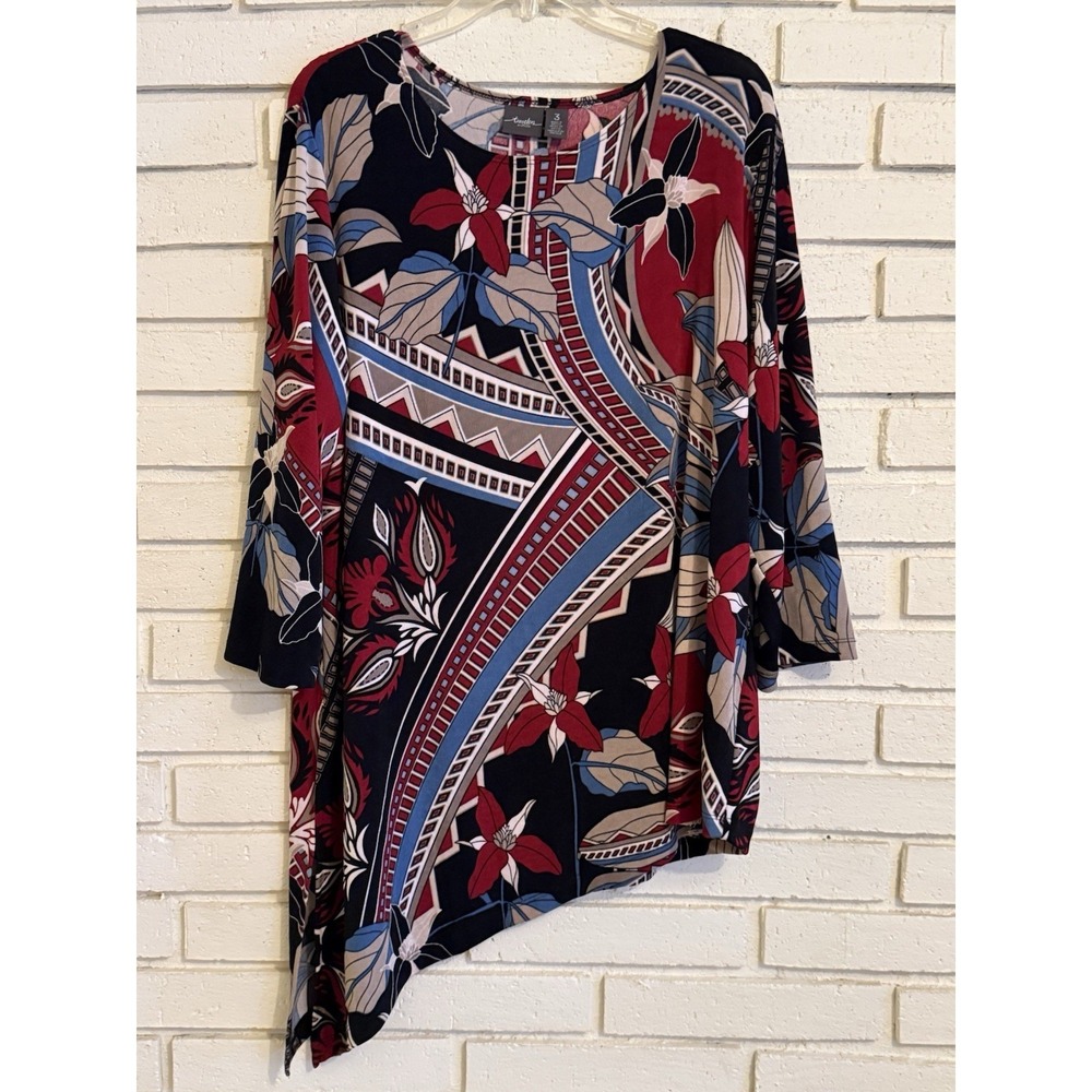 Chicos Travelers 3 Womens‎ Shirt 3/4 Sleeve Asymmetrical Hem Multicolor Size XL